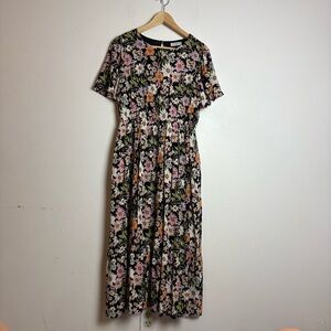 Polagram Black Floral Midi Modest Women's Dress Size Medium